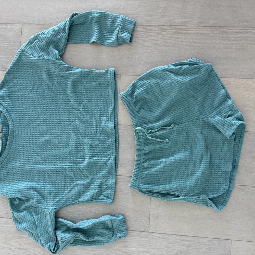 Pajama Teal Waffle Knit Lounge Set